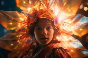 a little girl wearing a flower headpiece in the dark generative AI photo