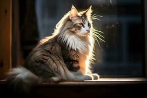 a long haired cat sitting on a window sill generative AI photo