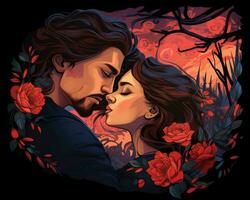 a man and woman kissing in front of red roses generative AI photo