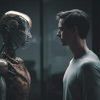a man and a robot looking at each other generative AI photo