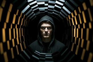 a man in a black hoodie standing in a dark tunnel generative AI photo