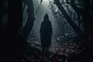 a man in a dark forest with a creepy face standing in the middle of the woods generative AI photo