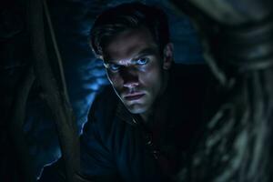 a man in a dark room with blue eyes generative AI photo