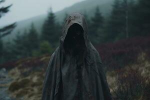 a man in a hooded cloak standing in the middle of a forest generative AI photo