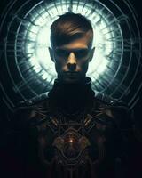 a man in a futuristic suit stands in front of a clock generative AI photo