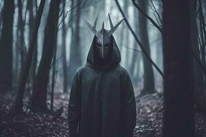 a man in a hooded robe standing in the middle of a dark forest generative AI photo