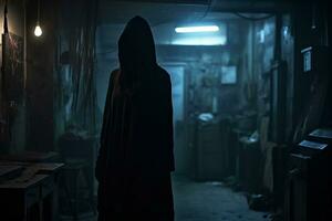 a man in a hooded robe is standing in a dark alley generative AI photo