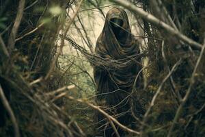 a man in a hooded robe is standing in the woods generative AI photo