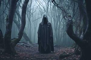 a man in a hooded robe standing in the middle of a dark forest generative AI photo