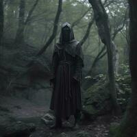 a man in a hooded robe standing in the woods generative AI photo