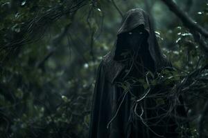 a man in a hooded robe standing in the woods generative AI photo