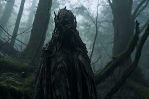 a man in a hooded robe stands in the middle of a forest generative AI photo