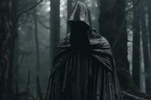 a man in a hooded cloak standing in the woods generative AI photo