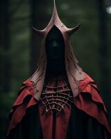 a man in a red cloak and hood standing in the woods generative AI photo