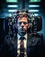 a man in a suit and tie sitting in an office chair with wires attached to his head generative AI photo