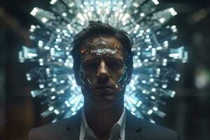 a man in a suit and tie standing in front of glowing lights generative AI photo