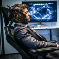 a man in a suit and tie sitting in an office chair generative AI photo