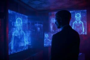 a man in a suit stands in front of a large screen generative AI photo