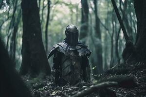 a man in armor standing in the middle of a forest generative AI photo