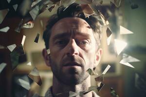 a man is surrounded by broken pieces of paper generative AI photo