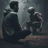 a man sitting on the ground next to a robot generative AI photo