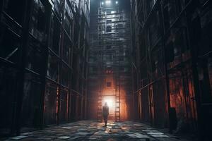 a man is walking through a dark alleyway with a light at the end generative AI photo