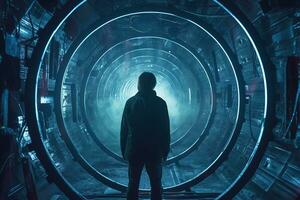 a man standing in the middle of a dark tunnel generative AI photo