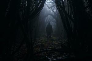 un hombre en pie en el medio de un oscuro bosque generativo ai foto