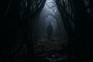 a man standing in the middle of a dark forest generative AI photo