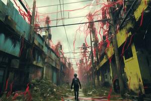 a man standing in the middle of an alley with red paint on the ground generative AI photo