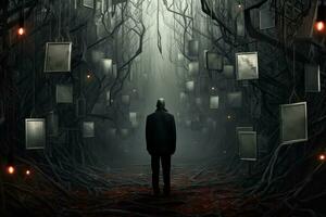 a man standing in the middle of a dark forest with many pictures hanging from the trees generative AI photo