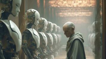 a man standing in front of a group of robots generative AI photo