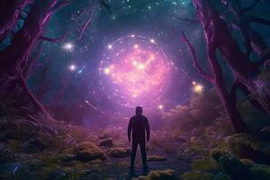 a man standing in the middle of a forest with a purple sky above him generative AI photo