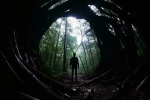 un hombre en pie en el medio de un oscuro túnel en el bosque generativo ai foto