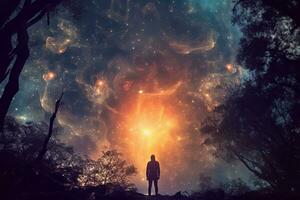 un hombre en pie en el medio de un bosque mirando a el estrellas generativo ai foto