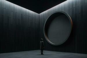 a man stands in front of a circular wall in a dark room generative AI photo