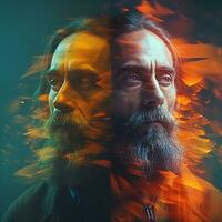 a man with a beard and long hair in front of a fire generative AI photo