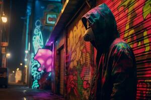 a man wearing a gas mask stands in front of a graffiti covered building at night generative AI photo