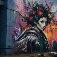 un mural de un mujer con vistoso pelo y flores en el lado de un edificio generativo ai foto