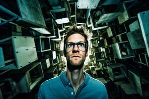 a man with glasses standing in a room full of boxes generative AI photo