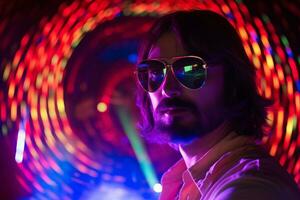 a man with sunglasses and a beard in front of colorful lights generative AI photo