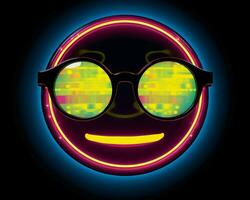 a neon glowing smiley face with glasses on a black background generative AI photo