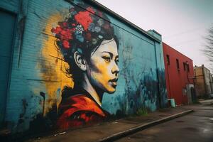 un mural de un mujer con flores en su pelo en el lado de un edificio generativo ai foto