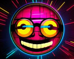 a neon smiley face with glasses on a dark background generative AI photo
