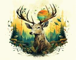 un pintura de un ciervo en el bosque con un Dom en el antecedentes generativo ai foto