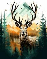 a painting of a deer in the forest with mountains in the background generative AI photo