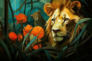 a painting of a lion in the jungle with flowers generative AI photo