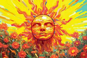 a painting of a sun face surrounded by flowers generative AI photo