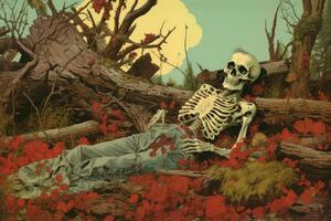 a painting of a skeleton laying on a log in the woods generative AI photo