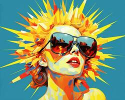 un pintura de un mujer vistiendo Gafas de sol y un rayos de sol en su cabeza generativo ai foto
